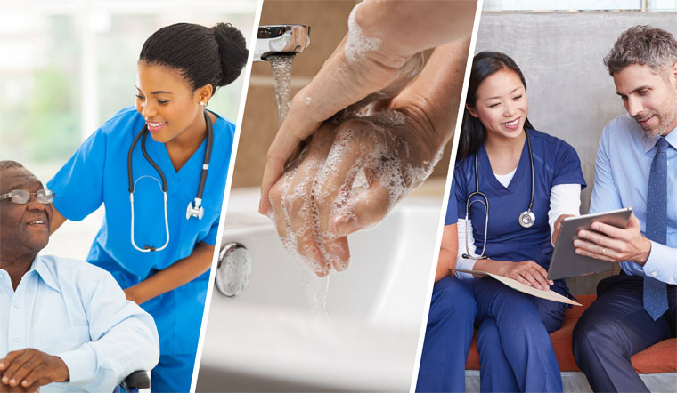 A nurse and her patient, a person washing their hands over a sink, and 2 medical professionals looking at a tablet.