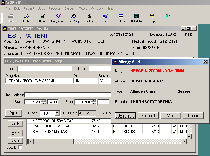 Figure 3. Example of an Electronic Alert upon Attempting to Order Heparin in a Patient with a Heparin Allergy: WORx® Software.